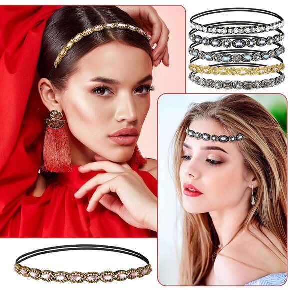 Rhinestone Beaded Headbands Elastic Vintage Crystal Hair Accessories for Women main image 7